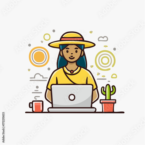 Minimalist flat vector illustration of a cheerful woman working on her laptop, representing modern remote work, freelance, and the digital nomad lifestyle