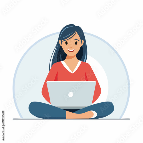 Modern flat style vector illustration of a smiling woman sitting cross-legged with her laptop. Isolated graphic for remote work, e-learning, and freelance concepts