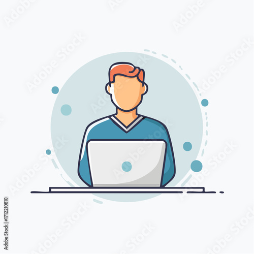 Minimalist flat line vector icon of a person working on a laptop. Simple geometric character illustration with a bold outline, isolated for business and technology concepts