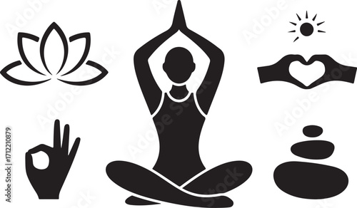 Serene yoga icons: meditation, lotus, peace, love, sun