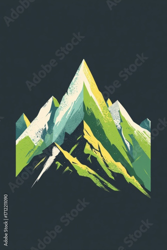 Stylized illustration of a mountain range with green, yellow, and white hues against a dark background.