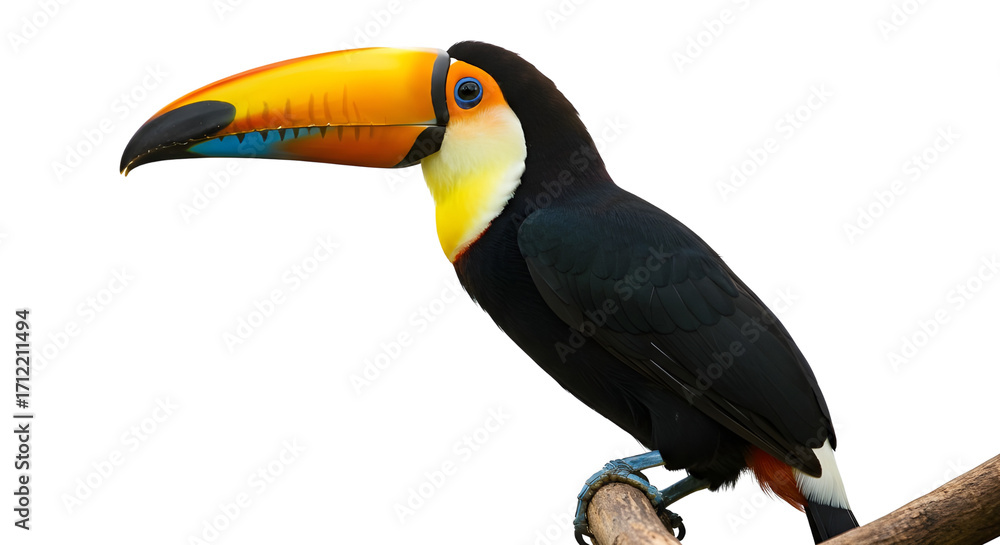 Naklejka premium Colorful toucan bird perched on a branch isolated PNG with Transparent Background