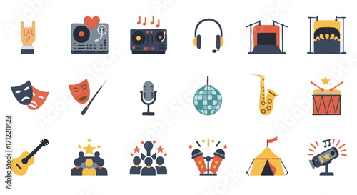 Music genres and culture icons set flat colorful vector isolated