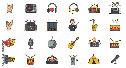 Music genres and culture icons set flat colorful vector isolated