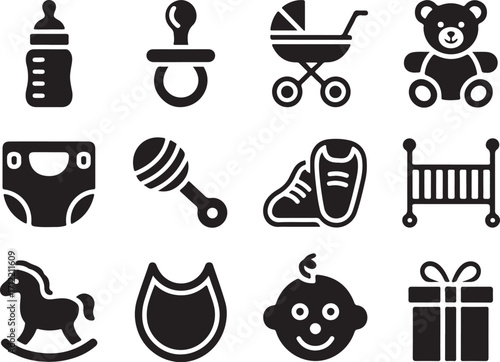 Baby essentials icons: joy, care, and comfort