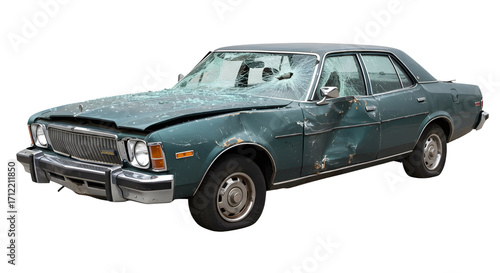 Damaged and wrecked car after accident isolated PNG with Transparent Background