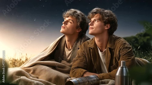 Two men their jackets loose stargaze from a blanket its wool matted on a grassy hill its blades soft. A telescope its metal scratched points skyward its lens gleaming. A