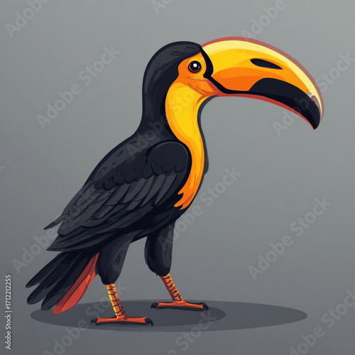 Illustration of a cartoon toucan with a large yellow beak standing against a gray background.