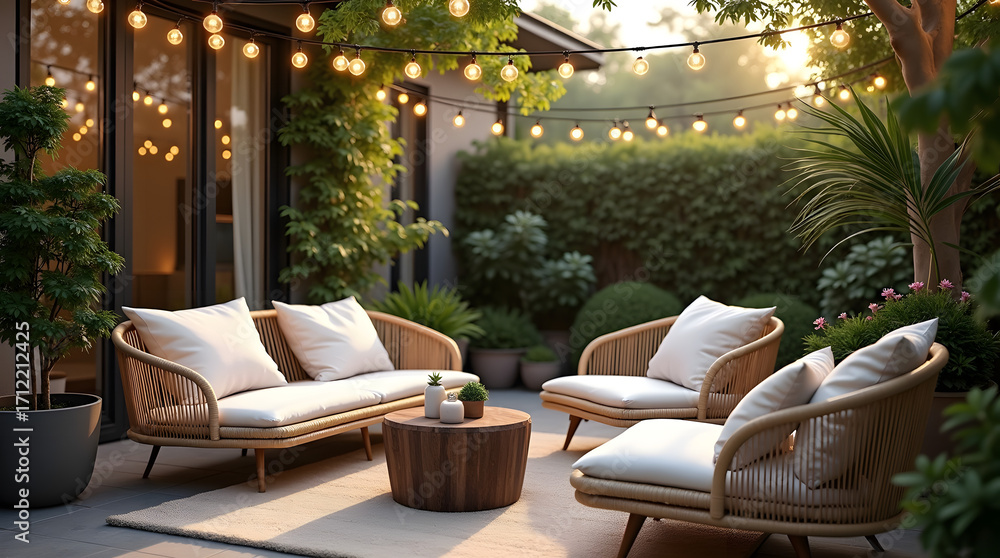 Obraz premium A modern outdoor patio with natural beige rattan lounge chairs, adorned with plush white cushions, and a small round coffee table made of dark brown wood . 