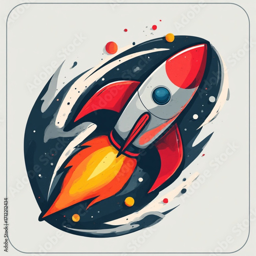 Cartoon rocket launching into space with flames and stars, set against a dark cosmic background.