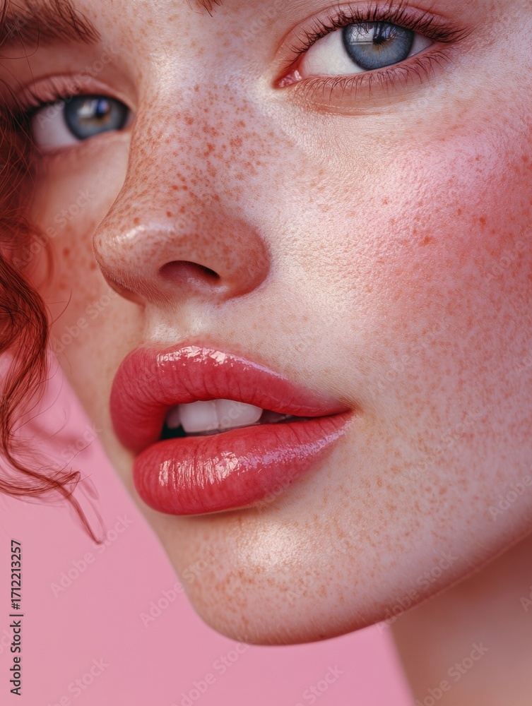 Naklejka premium Woman with vibrant pink lips, red hair and glowing skin, exuding confidence. American flag-inspired makeup trend.