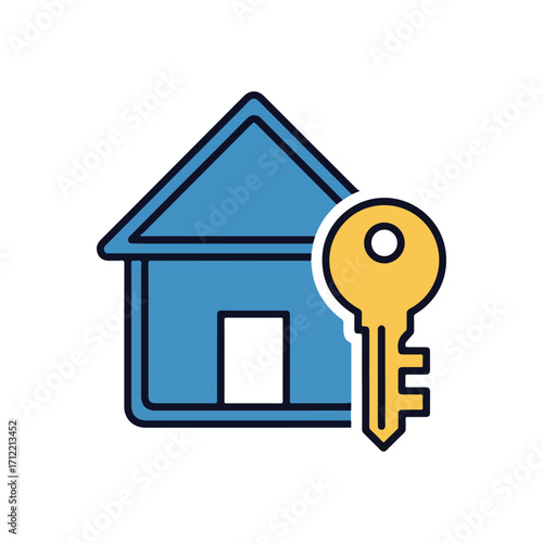 Flat vector illustration of house with key icon symbolizing real estate, home ownership, property security, renting, and investment  