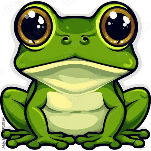 Cartoon frog with large eyes, sitting, vibrant green color.