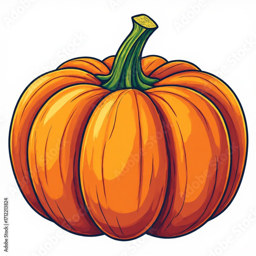 A vibrant illustration of a plump, orange pumpkin with a green stem, showcasing autumnal harvest imagery.