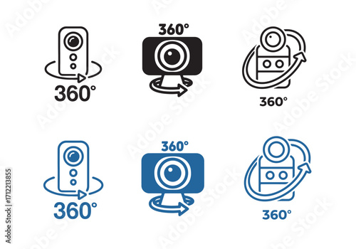 Flat vector illustration of 360 degree camera icons in black and blue style representing panoramic view, virtual reality, and video technology. 360 virtual tour icon 