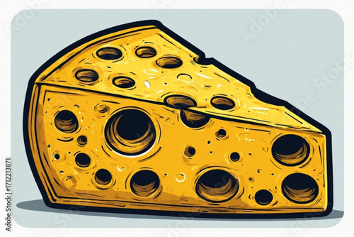 A wedge of Swiss cheese, illustrated in a vibrant cartoon style, showcasing its characteristic holes and rich yellow color.