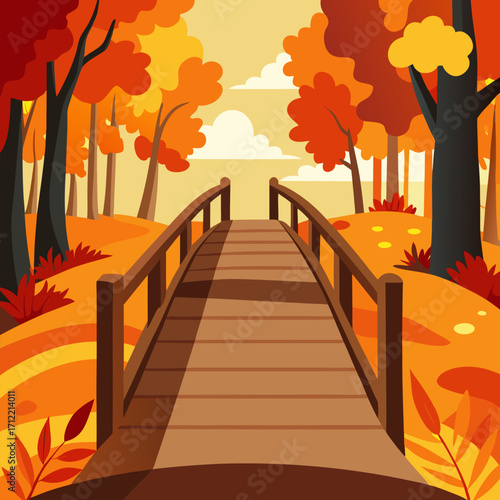 Wooden bridge in autumn forest fall colors scenic natural pathway vector natural landscape background.