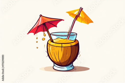 A vibrant illustration of a tropical cocktail served in a coconut shell, adorned with cocktail umbrellas.
