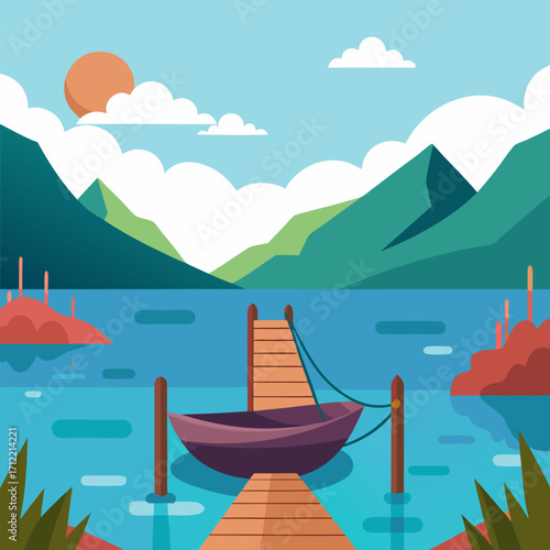 Wooden pier and boat on river natural vector landscape background.