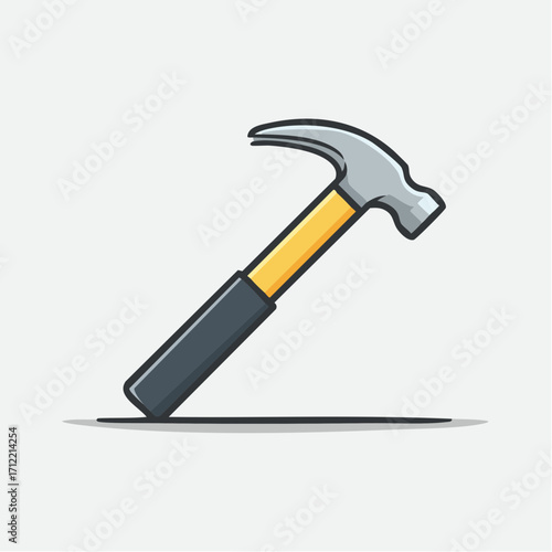 Flat vector minimalist icon of a classic claw hammer, with a yellow handle and bold outline, an essential tool for construction and DIY, isolated on white