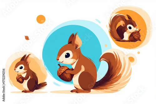 Three cartoon squirrels with acorns, set against colorful circles and a white background.