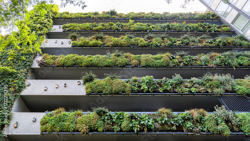 A modern building features a vertical garden with lush greenery adorning each balcony. This innovative design promotes urban sustainability and aesthetics.