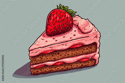 Hand-drawn illustration of a delicious strawberry cake slice, featuring layers of pink frosting and a fresh strawberry.
