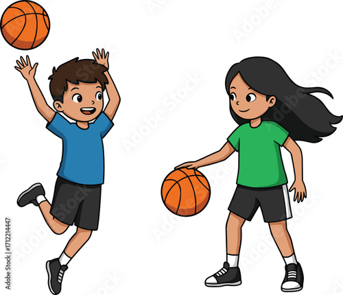 Children playing basketball, active movement, teamwork and sportsmanship, cartoon kids, physical activity, vector illustration, white background, fun playing basketball, active movement,