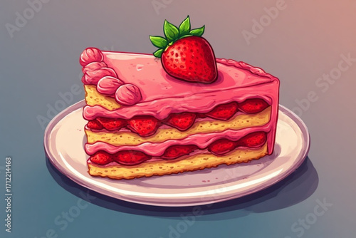 A vibrant illustration of a strawberry cake slice, showcasing layers of sponge cake, pink frosting, and fresh strawberries.