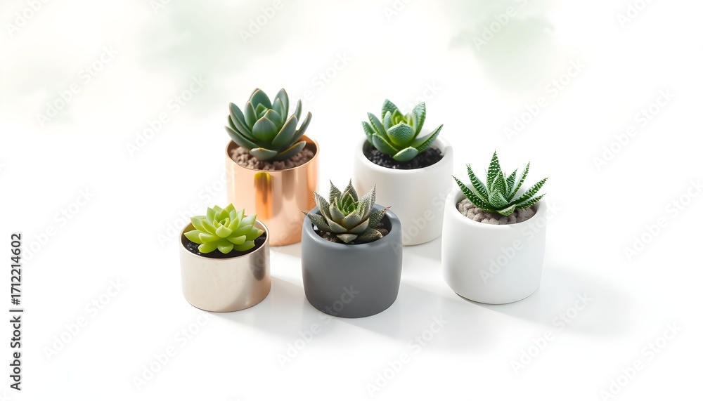 Obraz premium Five potted succulents arranged on a bright white background, showcasing their varied textures and colors.
