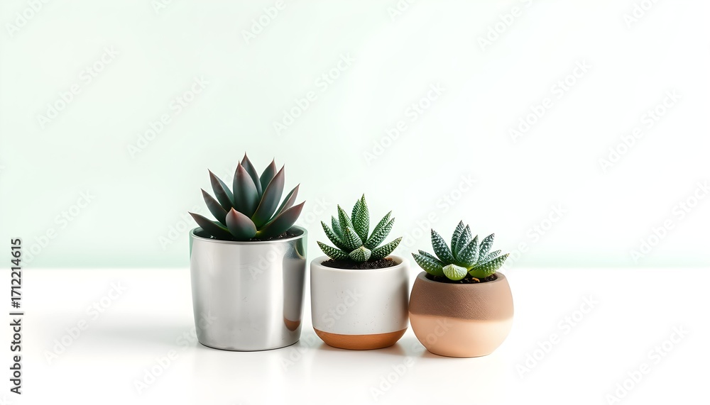 Fototapeta premium Three potted succulent plants of varying sizes are arranged on a white surface against a light green background.