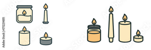 Set of lit candles including pillar, taper, jar, and tea light designs for festive occasions and home decor