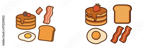 Delicious breakfast food items including pancakes with syrup, fresh berries, fried eggs, crispy bacon, and toasted bread slices