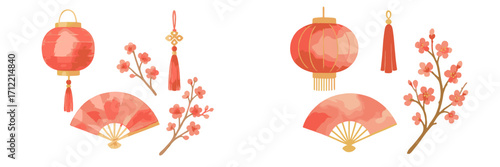 Festive Chinese New Year symbols featuring vibrant red lanterns, elegant folding fans, and delicate plum blossom branches in a watercolor style