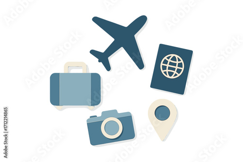 Essential items for global travel and vacation planning including airplane, suitcase, passport, camera, and location pin