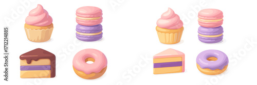 Assortment of delicious pastel colored sweet desserts including frosted cupcakes stacked macarons glazed donuts and layered cake slices on white background
