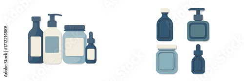 Collection of minimalist cosmetic and personal care product containers with blank labels for branding and design