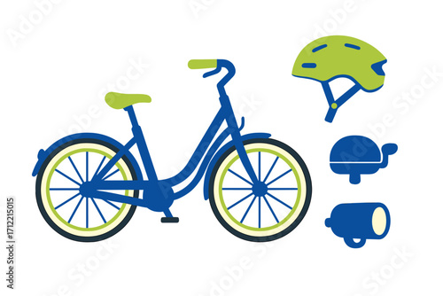 Modern bicycle with essential safety gear including helmet, bell, and front light for urban and recreational riding