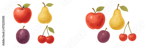 Vibrant collection of fresh red apples, yellow pears, purple plums, and bright red cherries with green leaves on white
