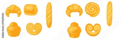 Delicious assortment of classic French pastries and baked goods including croissants baguettes palmiers and brioche on white background