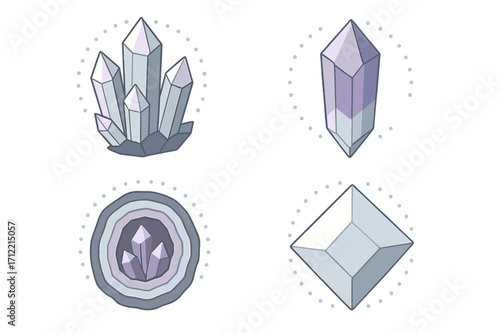 Assortment of stylized geometric mineral crystals and precious gemstones in various shapes and colors, isolated on a clean white background