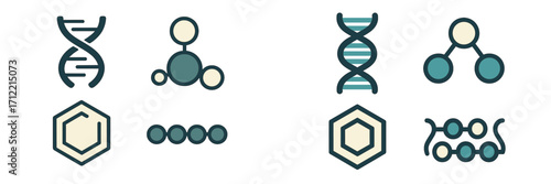 Collection of scientific symbols representing DNA, molecular structures, and chemical compounds for research and education