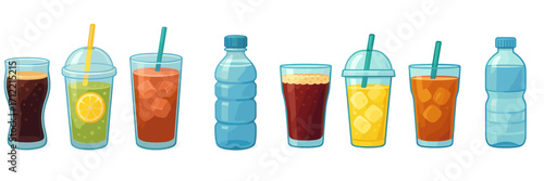 Collection of diverse refreshing beverages including soda, juice, iced tea, and water in different containers