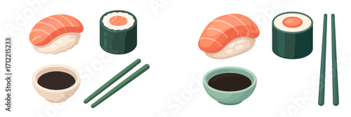 Exquisite Japanese cuisine featuring fresh salmon sushi, maki rolls, soy sauce, and green chopsticks, a traditional Asian meal