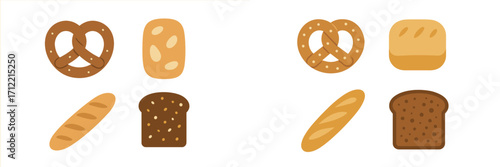 Collection of various baked goods featuring pretzels, baguettes, white bread, and dark rye bread slices in a flat graphic style
