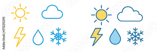 Collection of weather forecast icons featuring sun, cloud, lightning bolt, rain drop, and snowflake symbols in outline and filled styles