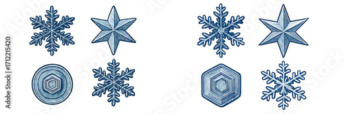 Collection of stylized blue snowflakes, stars, and geometric winter patterns with a textured, hand-drawn appearance