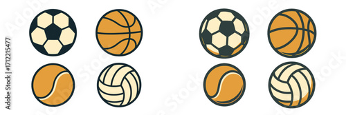 Collection of various sports balls icons including soccer, basketball, tennis, and volleyball in a graphic style