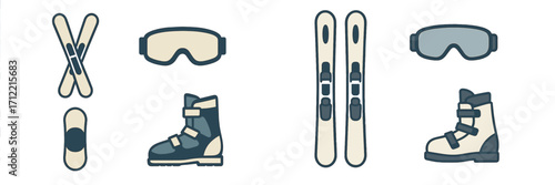 Skiing and snowboarding equipment set with skis, boots, goggles, and a snowboard for winter recreation