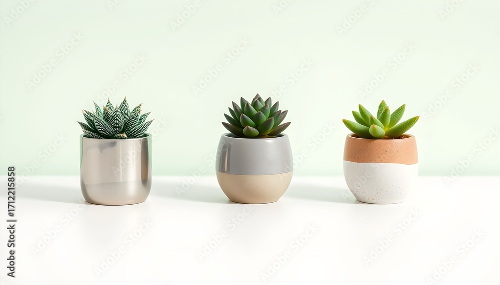 Fototapeta premium Three small succulent plants in matching pots, arranged in a row on a white surface against a mint green background.